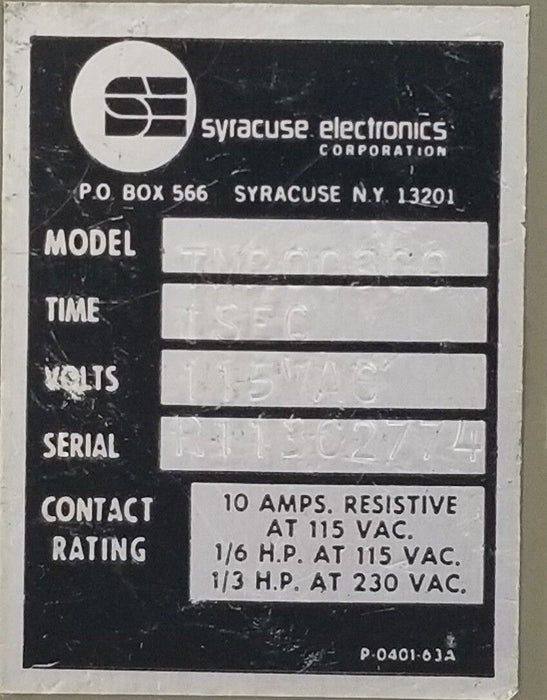 SYRACUSE ELECTRONICS TNR00300 TIME DELAY RELAY 1SEC, 0-10SEC, 115VAC, 10A