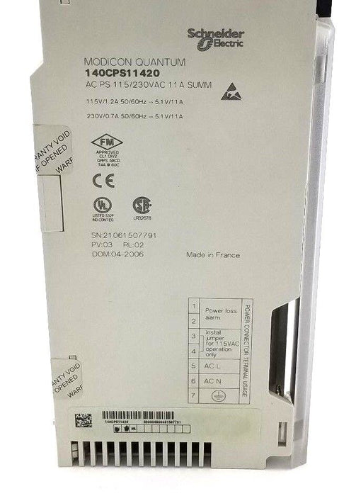 SCHNEIDER MODICON QUANTUM 140-CPS-114-20 PV:03 RL:02 AC POWER SUPPLY 140CPS11420