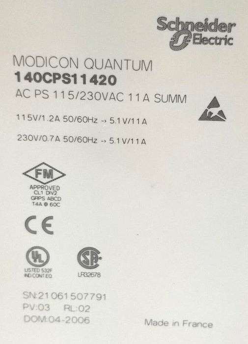 SCHNEIDER MODICON QUANTUM 140-CPS-114-20 PV:03 RL:02 AC POWER SUPPLY 140CPS11420