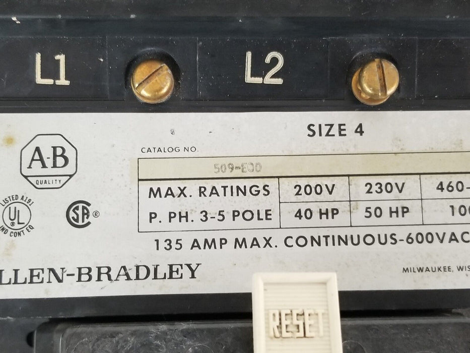 ALLEN BRADLEY 509-EOD SER. A SIZE 4 STARTER  W/ 592-EOW16 RELAY & 595-A CONTACTS