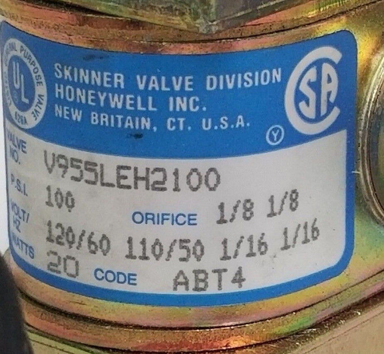 NEW HONEYWELL SKINNER V955LEH2100 SOLENOID VALVE 100PSI, 1/8" ORIFICE, 110/120V