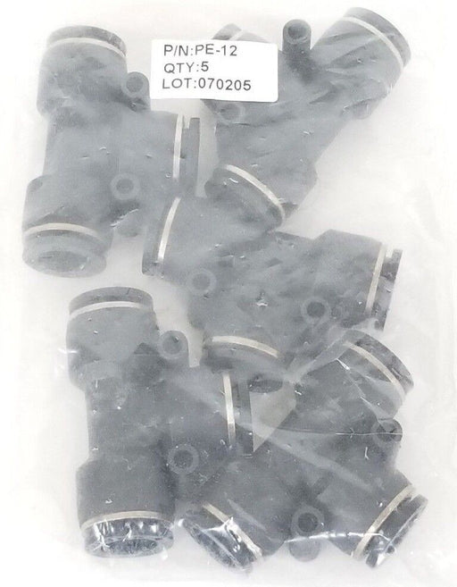 LOT OF 5 NEW PISCO PNEUMATICS PE-12 FITTINGS, TEE, 12MM, PE12