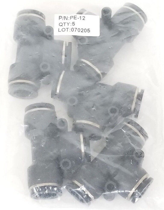 LOT OF 5 NEW PISCO PNEUMATICS PE-12 FITTINGS, TEE, 12MM, PE12