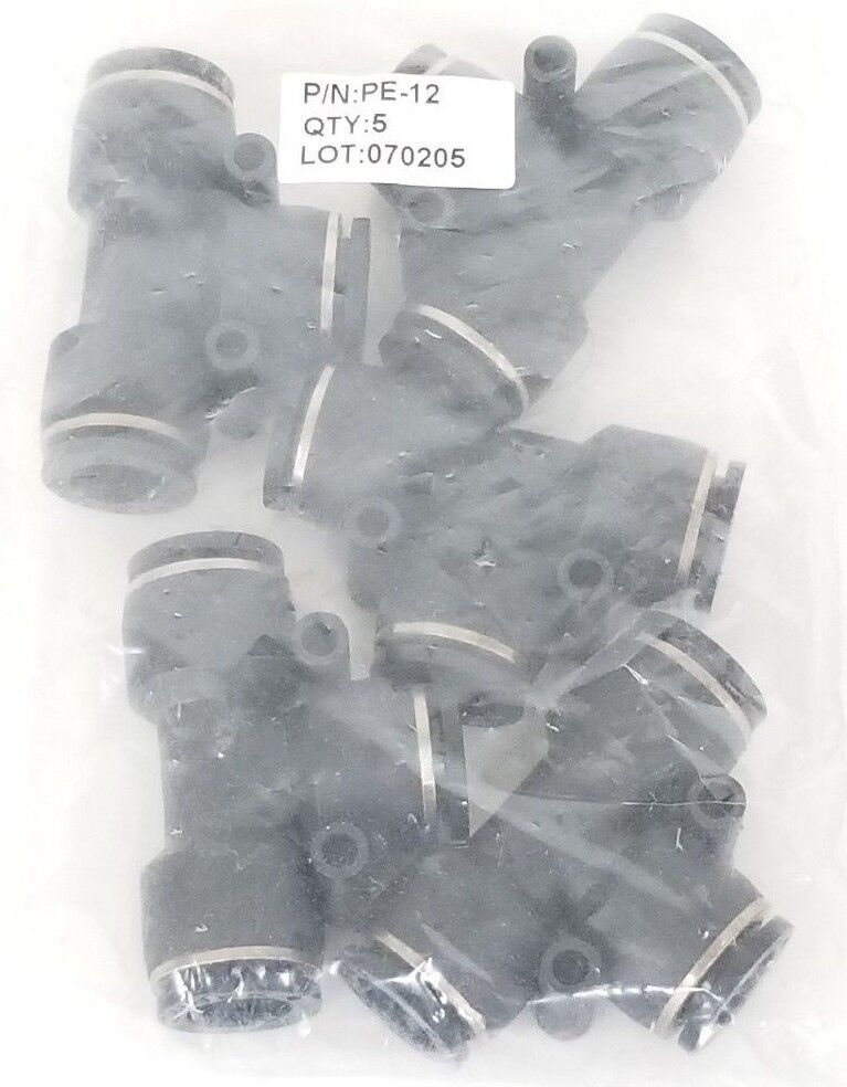 LOT OF 5 NEW PISCO PNEUMATICS PE-12 FITTINGS, TEE, 12MM, PE12