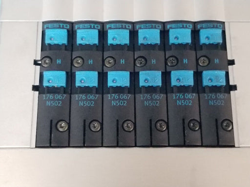 FESTO ELECTRIC CPV14-VI-F6-1/8-B BASE W/ (6) 176-067 SOLENOID VALVES N502 18210