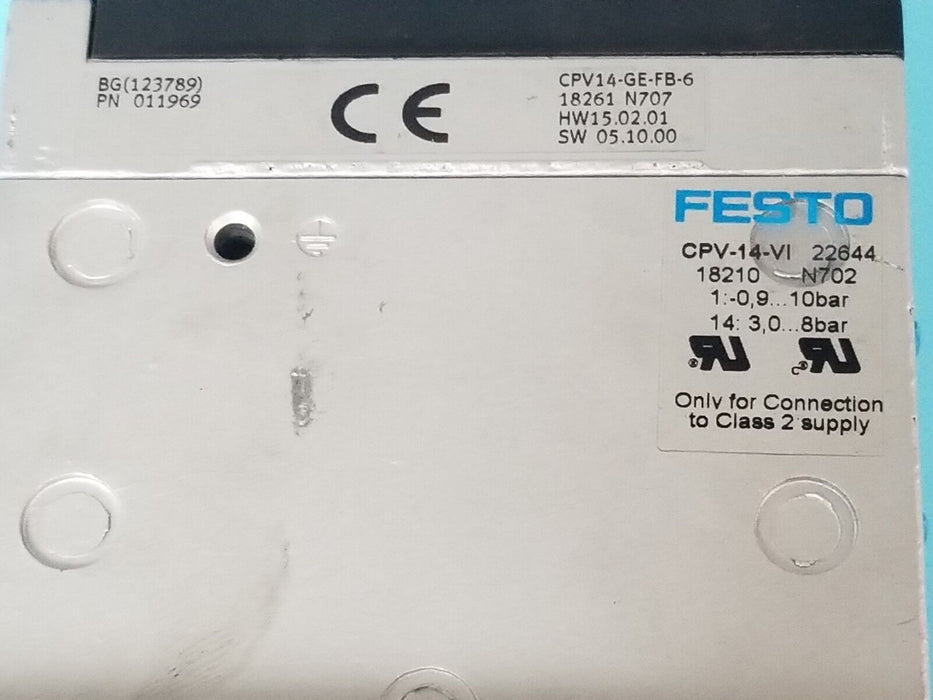 FESTO ELECTRIC CPV14-VI-F6-1/8-B BASE W/ (6) 176-067 SOLENOID VALVES N502 18210