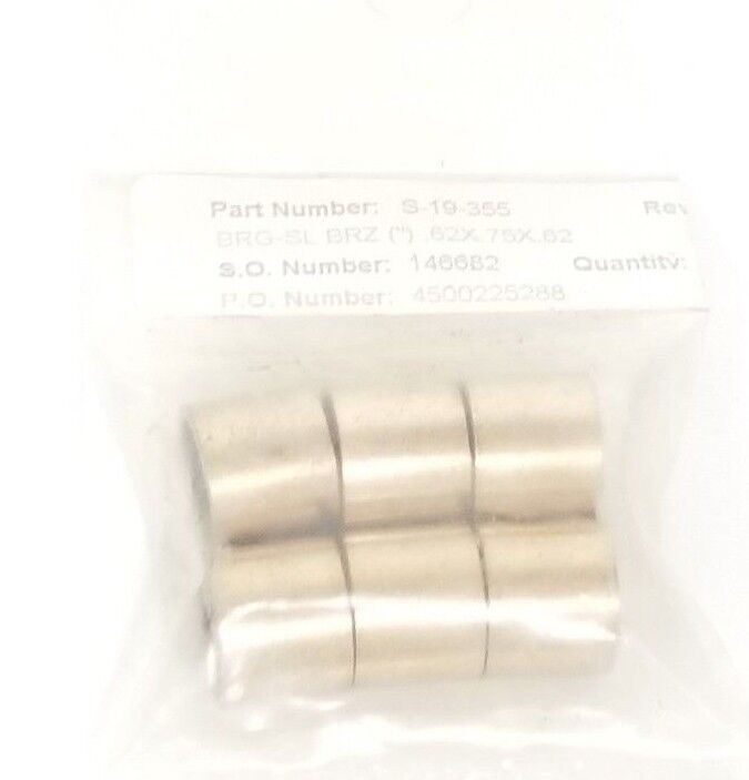LOT OF 6 NEW GENERIC S-19-355 BRONZE BEARING SLEEVES S19355, (.62X.75X.62)
