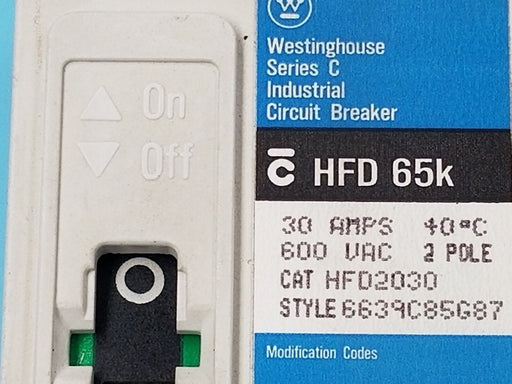 WESTINGHOUSE 6639C85G87 CIRCUIT BREAKER HFD2030 , SER.C, 600VAC, 30A, HFD 65K