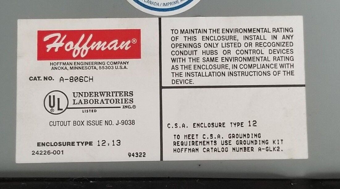 HOFFMAN A-806CH ENCLOSURE CUTOUT ENCLOSURE BOX J-9038 , A806CH