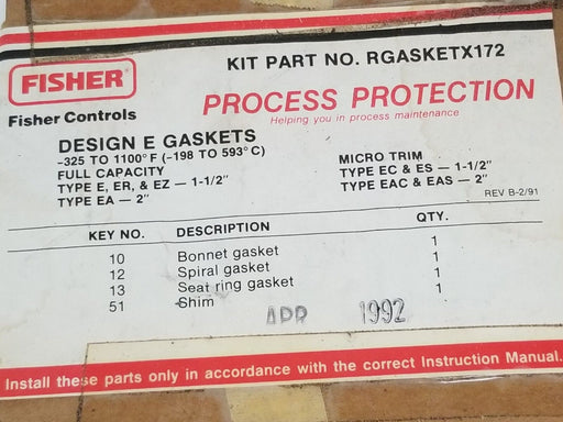 NEW FISHER CONTROLS RGASKETX172 GASKET SET (INCOMPLETE)