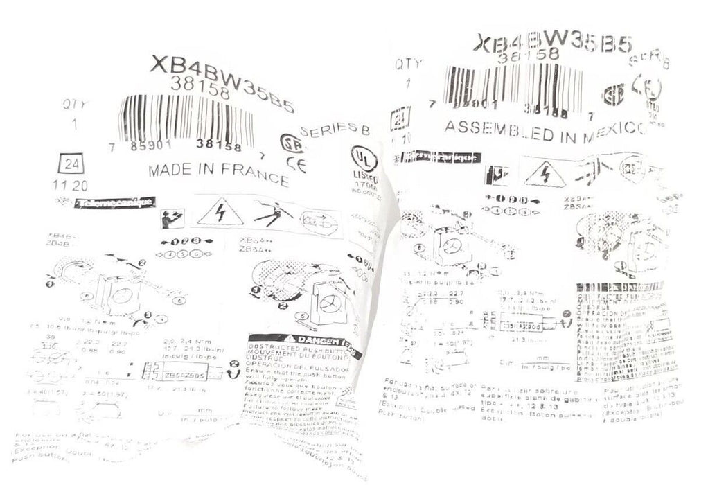 LOT OF 2 NEW TELEMECANIQUE XB4BW35B5 PUSHBUTTONS LED 24V