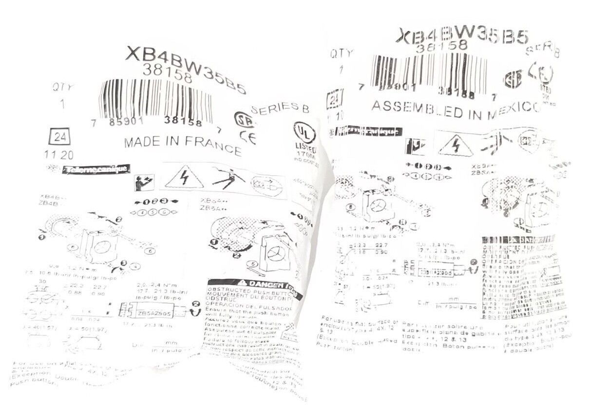 LOT OF 2 NEW TELEMECANIQUE XB4BW35B5 PUSHBUTTONS LED 24V