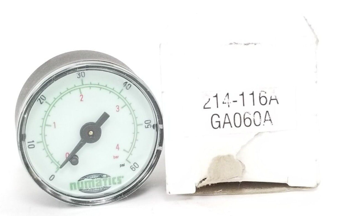NIB NUMATICS 214-116A GAUGE 2'', 1/4'' THD, 0-60PSIG, 0-4BAR, 214116A