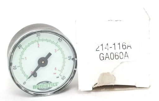 NIB NUMATICS 214-116A GAUGE 2'', 1/4'' THD, 0-60PSIG, 0-4BAR, 214116A