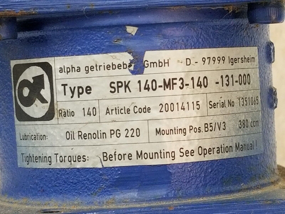 ALPHA SPK 140-MF3-140-131-000 GEAR REDUCER 140 RATIO 20014115 SPK140MF3140131000