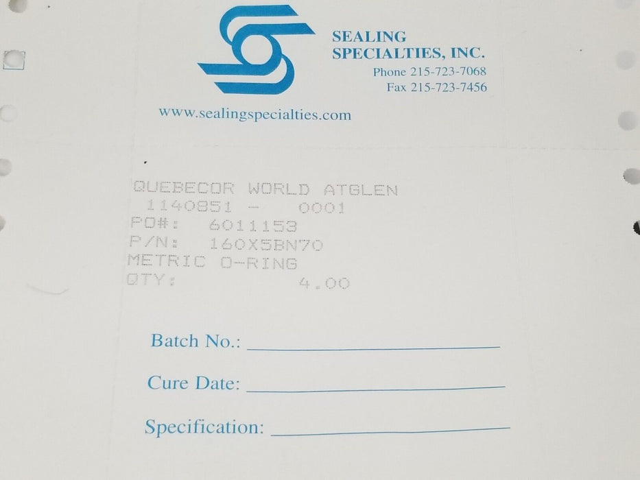 LOT OF 4 NEW SEALING SPECIALTIES 160X5BN70 METRIC O-RINGS 160MM ID 170MM OD