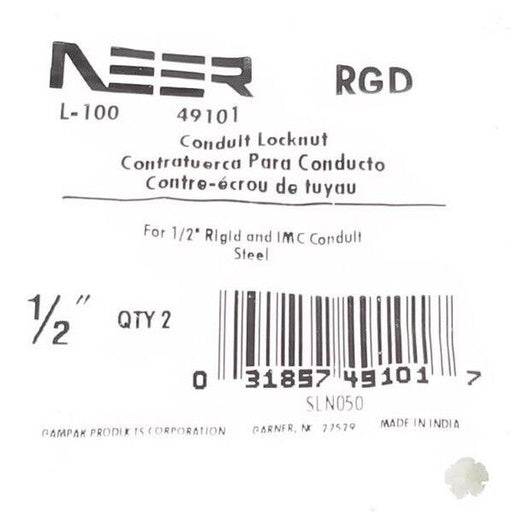 BAG OF 2 NEW NEER L-100 RGD CONDUIT LOCKNUT 49101, 1/2''