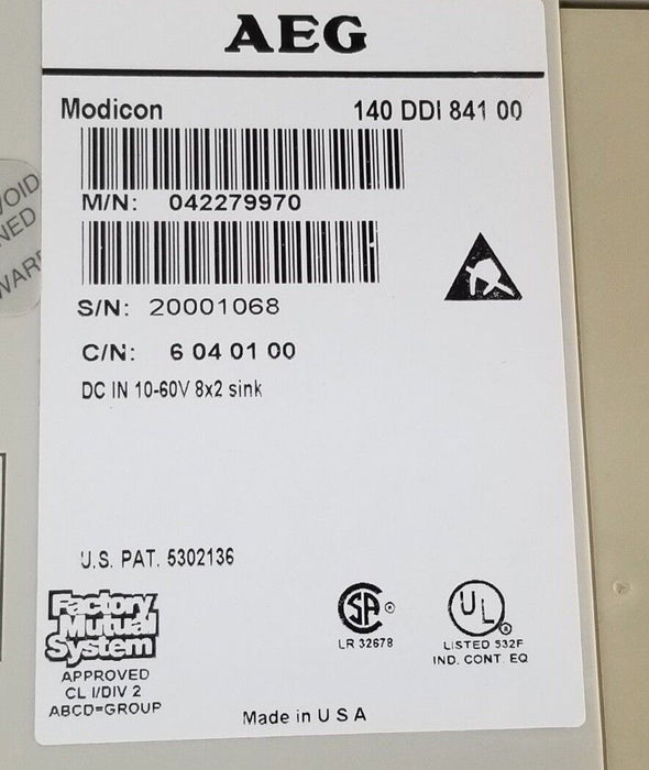 AEG / MODICON 140 DDI 841 00 INPUT MODULE 042279970 C/N: 6 04 01 00 10-60V