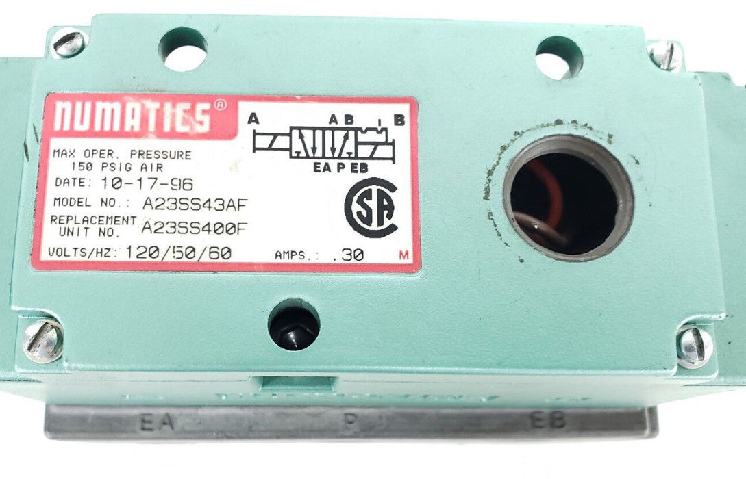NUMATICS A23SS43AF SOLENOID VALVE A23SS400F W/ (2) 228-717C COILS 110-120/60