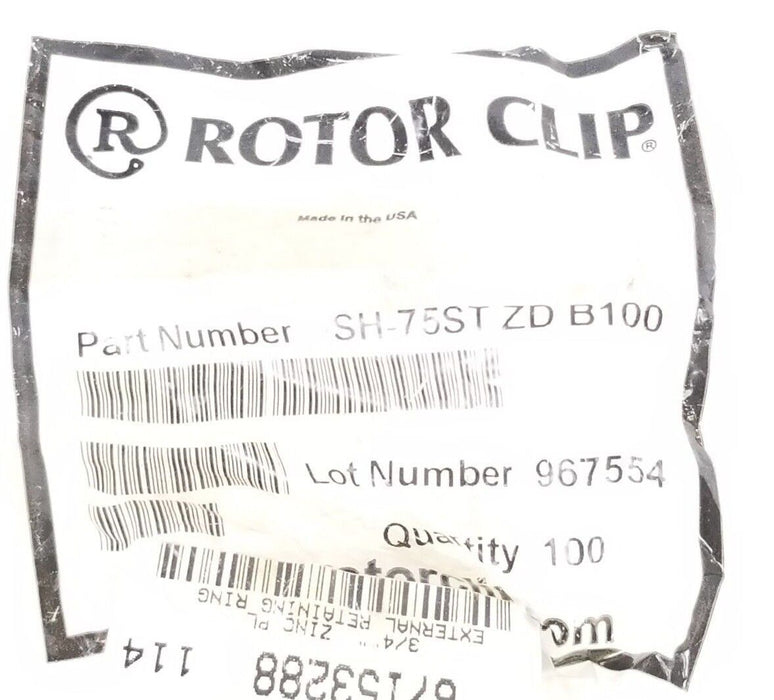 LOT OF 96 NEW ROTOR CLIP SH-75ST ZD B100 EXTERNAL RETAINING RINGS, 3/4"