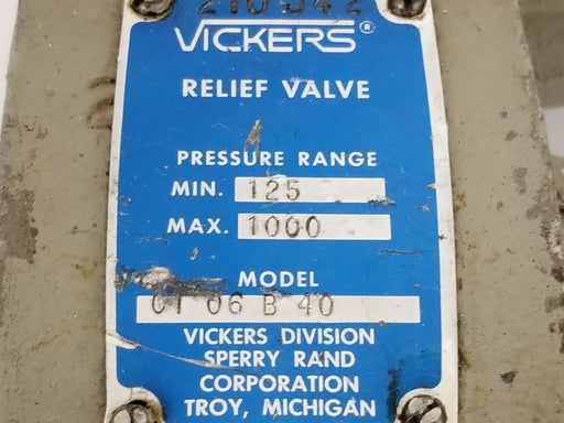 VICKERS 01-06-B-40 RELIEF VALVE 125-1000PSI 0106B40 *DAMAGED*