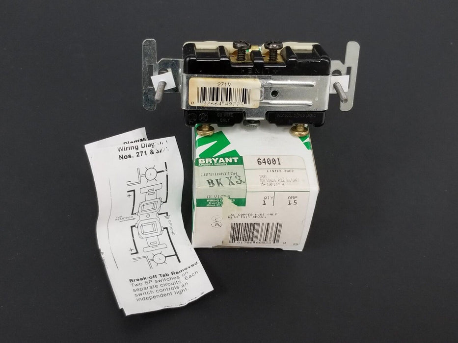 NIB BRYANT 6400I COMBINATION DUAL SINGLE POLE SWITCH 15HZ, 120/277VAC, 15AMP