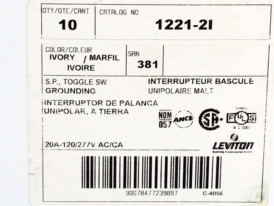 BOX OF 10 NEW LEVITON 1221-2I S.P. TOGGLE SWITCH 12212I, 20A-120/277V