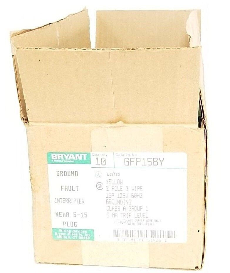 BOX OF 10 NEW BRYANT GFP15BY GROUND FAULT INTERRUPTER YELLOW 2P, 15A, 125V PLUGS