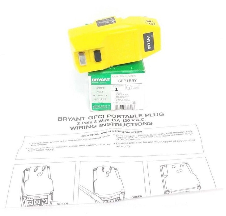 BOX OF 10 NEW BRYANT GFP15BY GROUND FAULT INTERRUPTER YELLOW 2P, 15A, 125V PLUGS