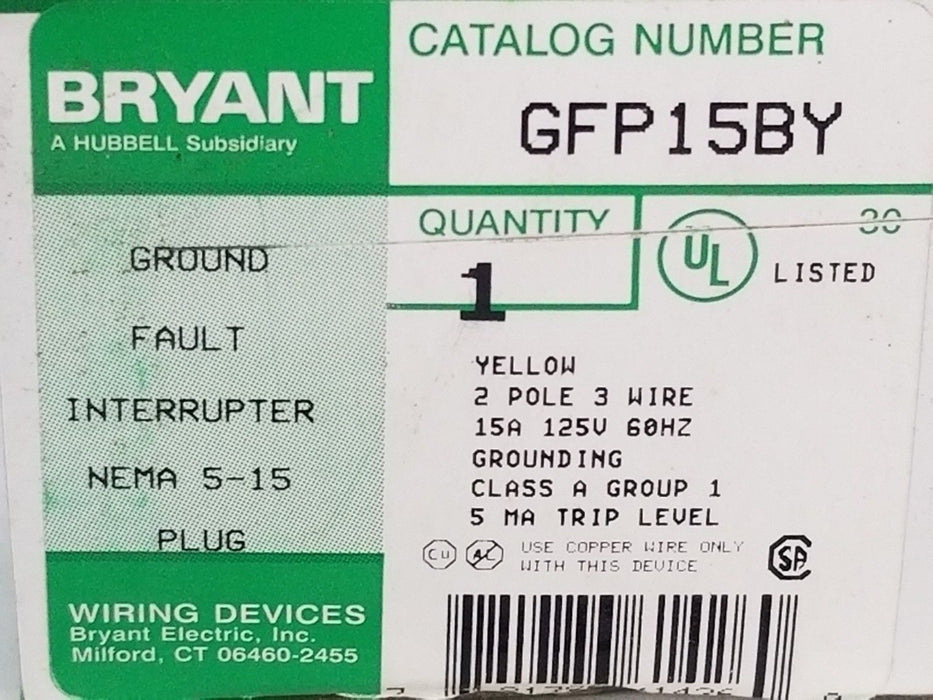 BOX OF 10 NEW BRYANT GFP15BY GROUND FAULT INTERRUPTER YELLOW 2P, 15A, 125V PLUGS