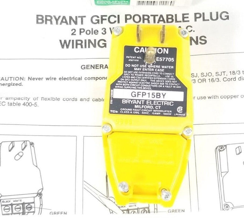 BOX OF 10 NEW BRYANT GFP15BY GROUND FAULT INTERRUPTER YELLOW 2P, 15A, 125V PLUGS