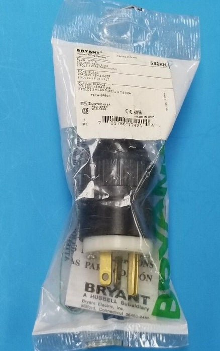 NEW HUBBELL / BRYANT 5466N PLUG WHITE 20A 250V NEMA 6-20P