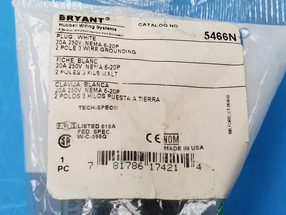 NEW HUBBELL / BRYANT 5466N PLUG WHITE 20A 250V NEMA 6-20P