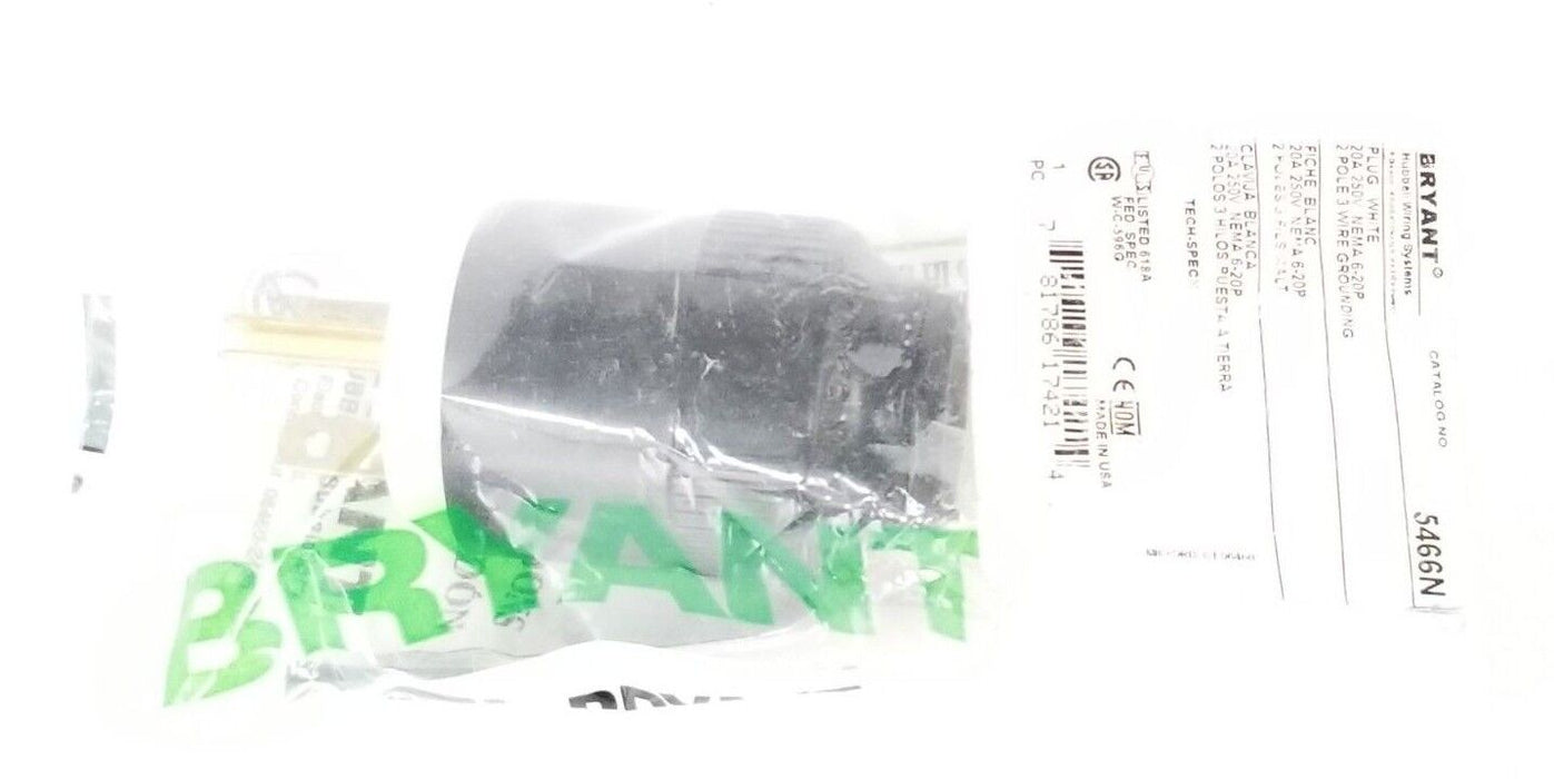 NEW HUBBELL / BRYANT 5466N PLUG WHITE 20A 250V NEMA 6-20P