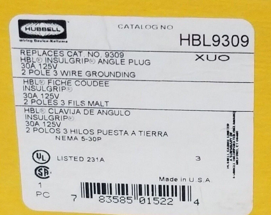 NIB HUBBELL HBL9309 INSULGRIP ANGLE PLUG 30A 125V