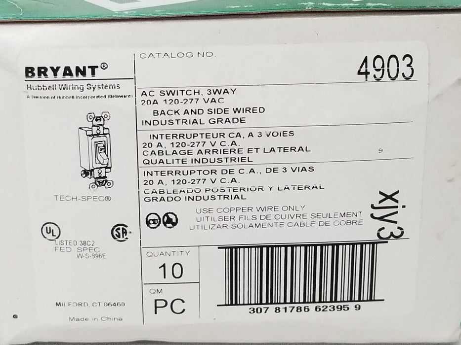 BOX OF 10 NEW BRYANT 4903 3-WAY AC SWITCHES 20A 120-277VAC