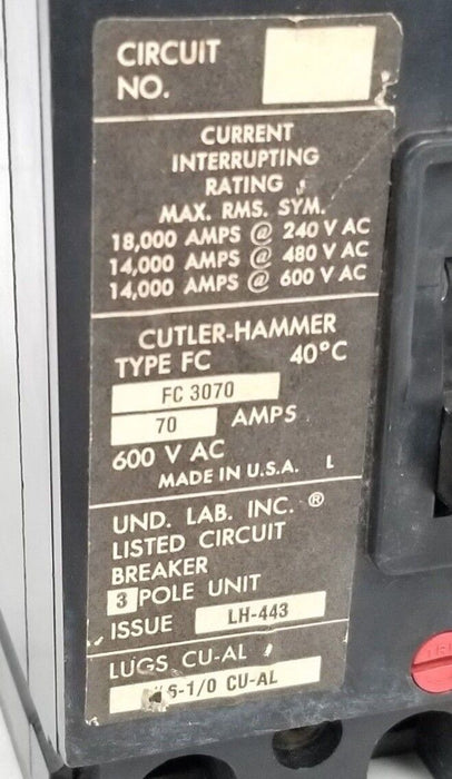 CUTLER HAMMER FC-3070 CIRCUIT BREAKER 70A 600VAC LH-443 3-POLE FC3070