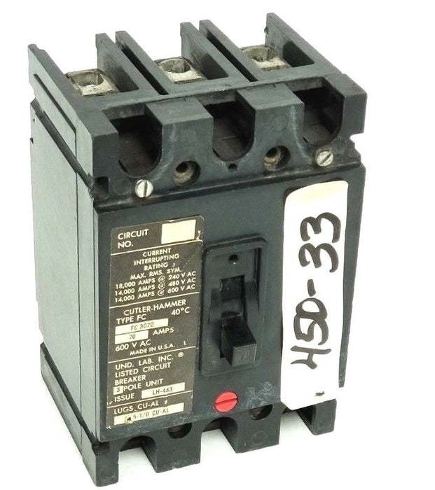 CUTLER HAMMER FC-3070 CIRCUIT BREAKER 70A 600VAC LH-443 3-POLE FC3070