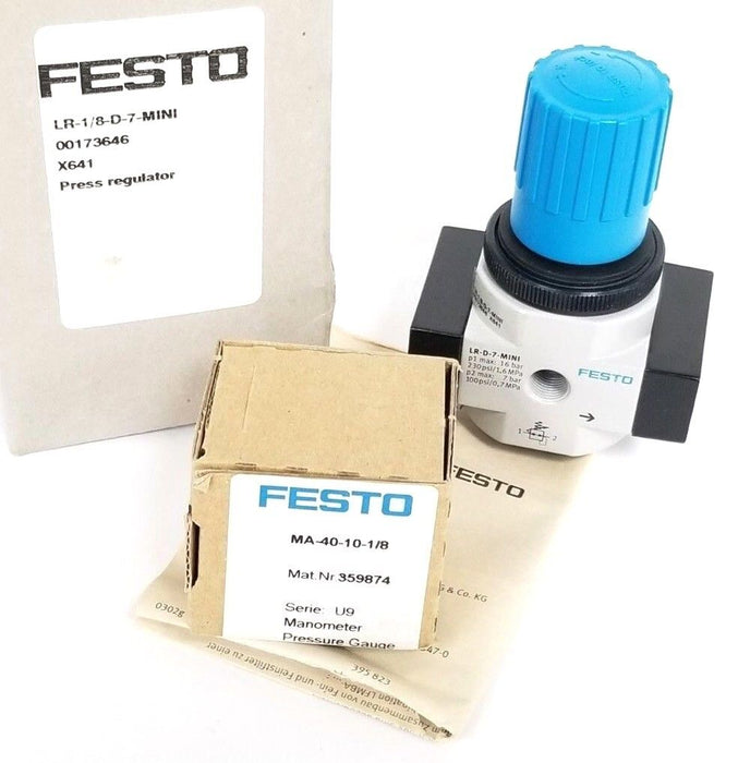 NIB FESTO ELECTRIC LR-1/8-D-7-MINI PRESSURE REGULATOR W/ MA-40-10-1/8 GAUGE