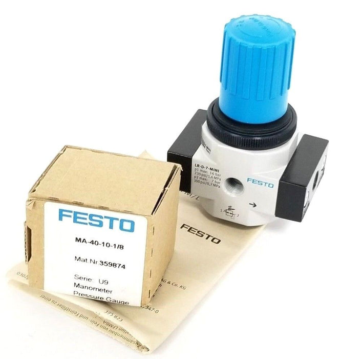 NIB FESTO ELECTRIC LR-1/8-D-7-MINI PRESSURE REGULATOR W/ MA-40-10-1/8 GAUGE