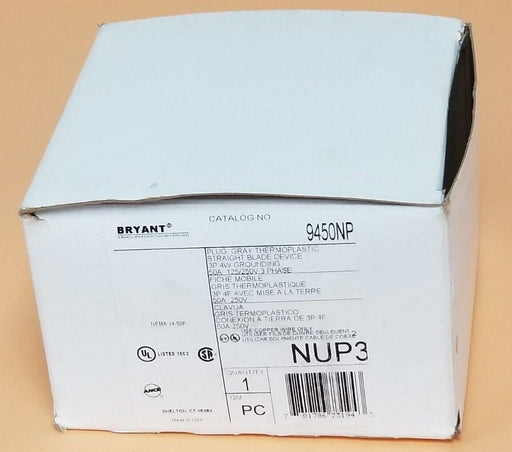 NIB BRYANT / HUBBELL 9450NP THERMOPLASTIC PLUG GRAY 3P 4W GRD. 50A 125/250V 3PH