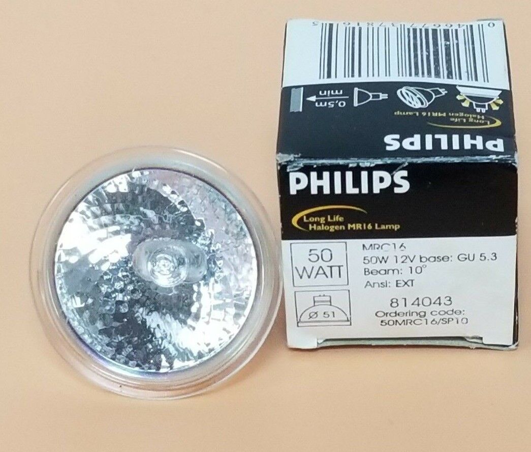 NIB PHILIPS MRC16 HALOGEN LAMP MR16, 814043, 50MRC16/SP10, 12V BASE, 50 WATT