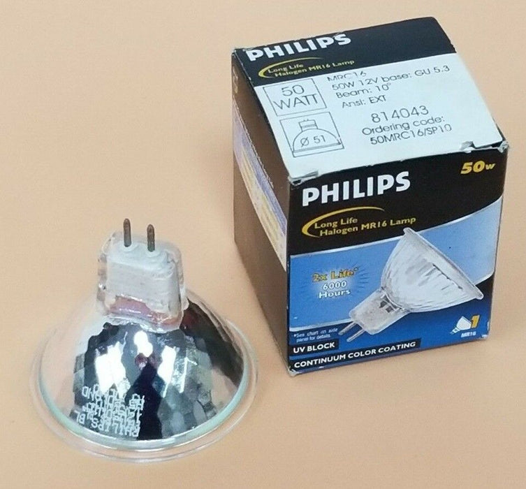 NIB PHILIPS MRC16 HALOGEN LAMP MR16, 814043, 50MRC16/SP10, 12V BASE, 50 WATT