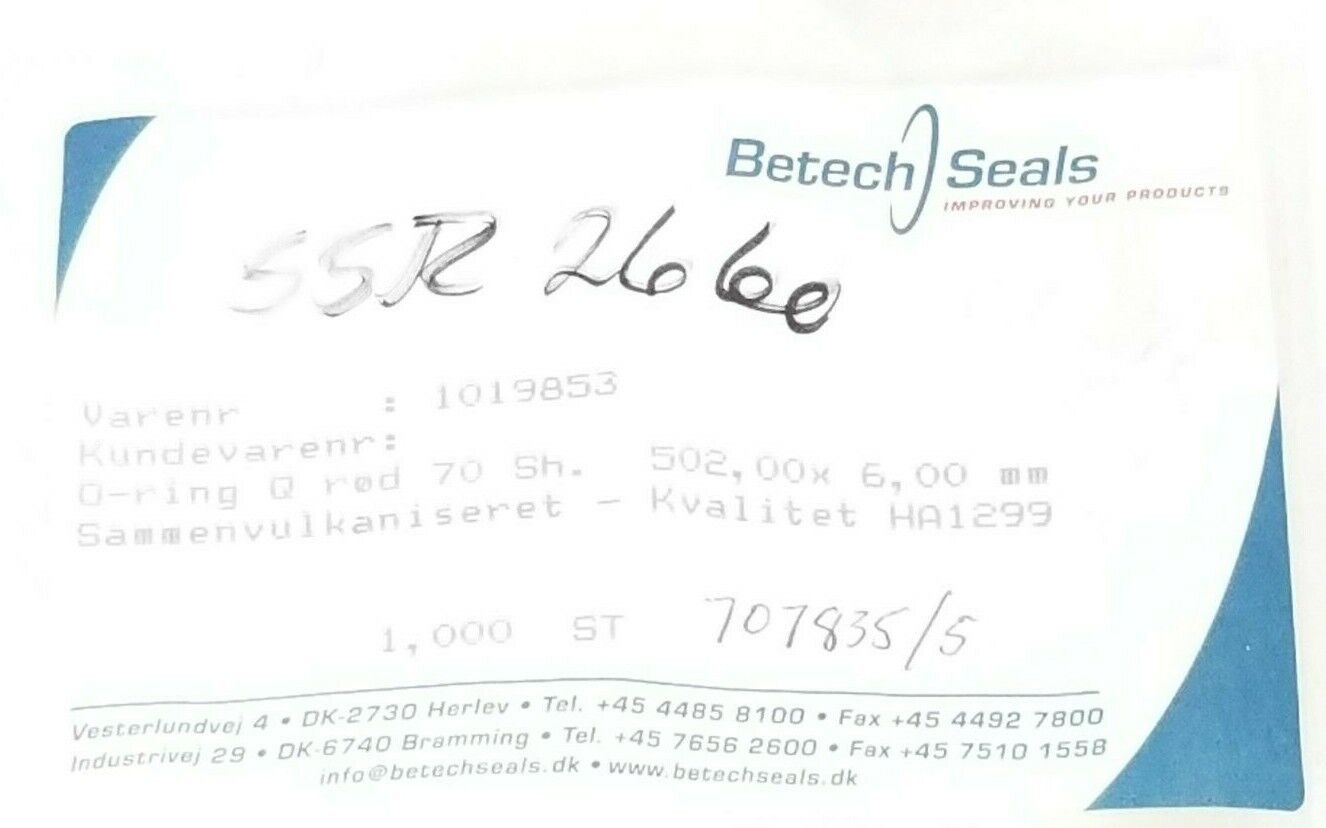 NEW BETECH SEALS 1019853 O-RING 502,00X6,00MM, HA1299