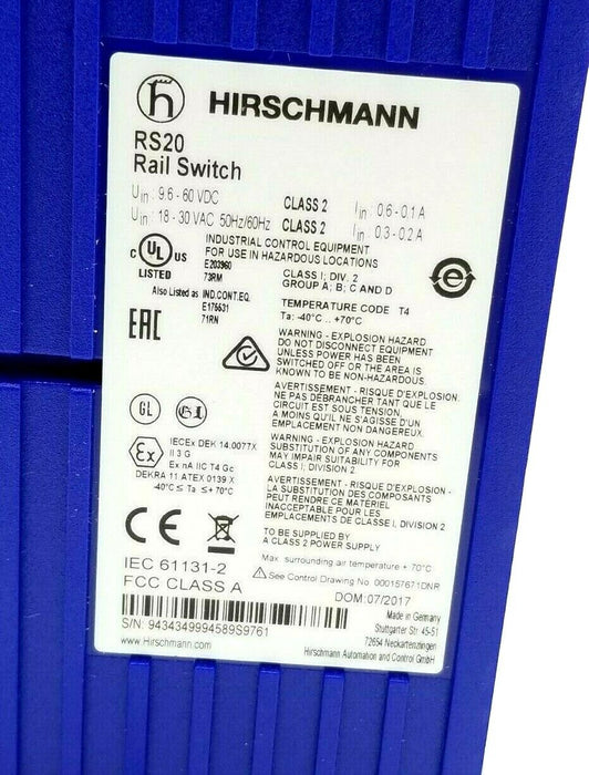 NEW F/S HIRSCHMANN RS20 8-PORT ETHERNET SWITCH RS20-0800T1T1EDBUHH / 943-434-999