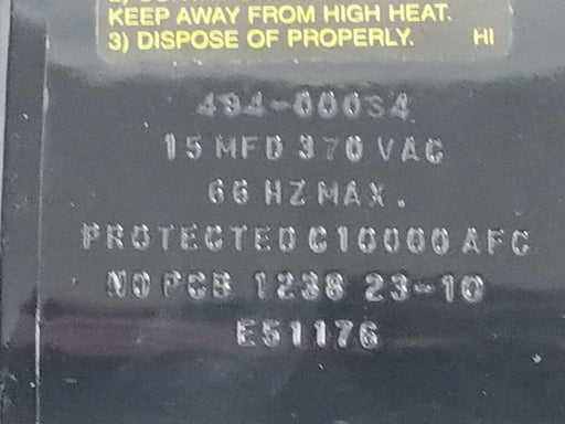 LOT OF 2 NEW BODINE 494-00034 CAPACITORS, 15MFD, 370VAC,  66HZ, 49400034