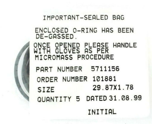 LOT OF 4 NEW WATERS MICROMASS 5711156 O-RINGS 29.87X1.78