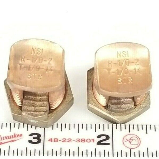 LOT OF 2 NSI R-1/0-2 COPPER BOLT CONNECTORS T-1/0-14 STR