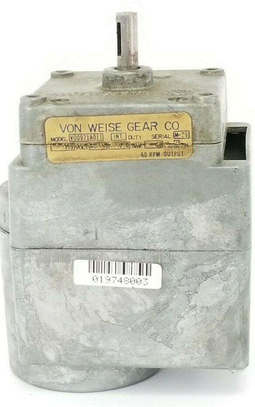 VON WEISE GEAR CO. MODEL: V00971A011 MOTOR AC 115VAC 60RPM 1PH. PARALLEL SHAFT