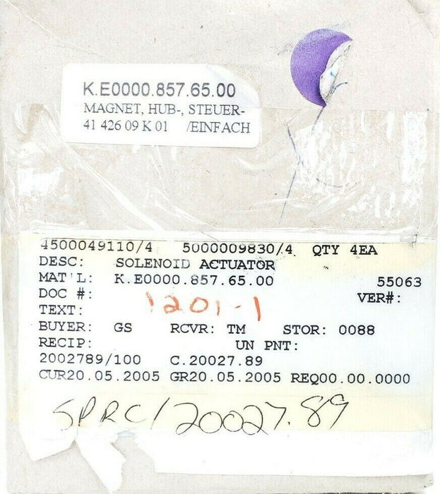 NIB KENDRION 41-42609K01 SOLENOID ACTUATOR KFA297 24VDC 1,18A E0000.857.65.00